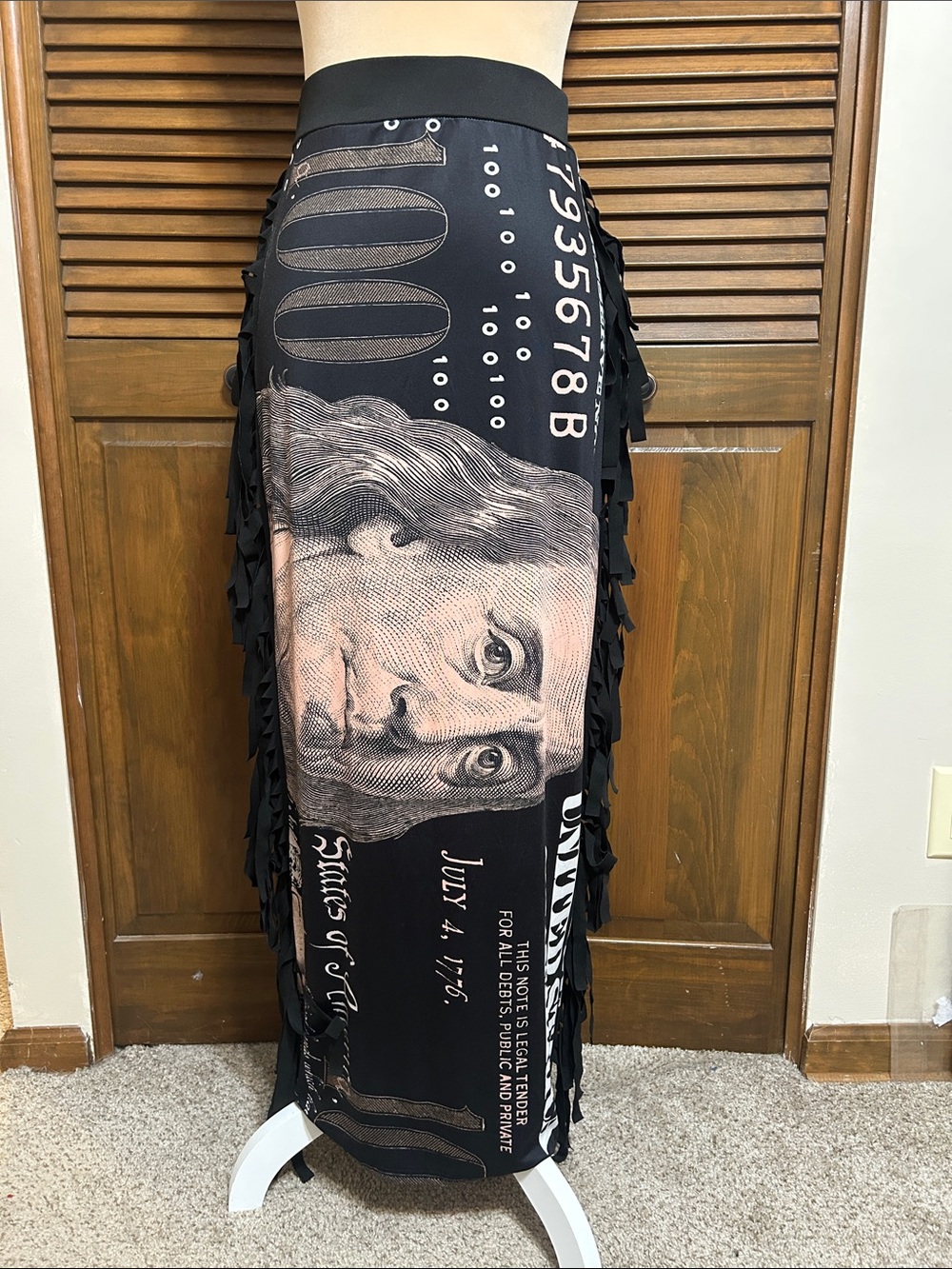 Fringed Graphic Maxi Skirt with Currency Print $100 Bill - Black & Taupe Size S